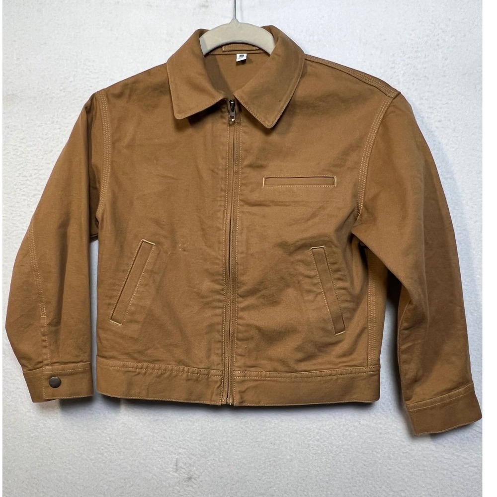 Uniqlo Kids Brown Canvas Work Jacket Zip Up Utility Chore Coat Size 7-8